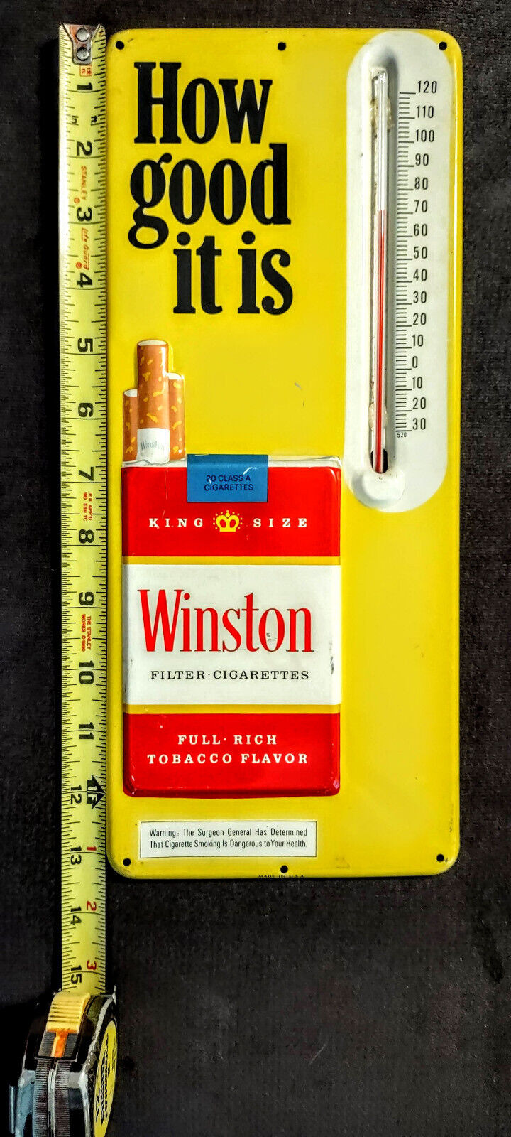Vintage 1960's Winston Tin Thermometer Sign 13 1/2” x 5 3/4