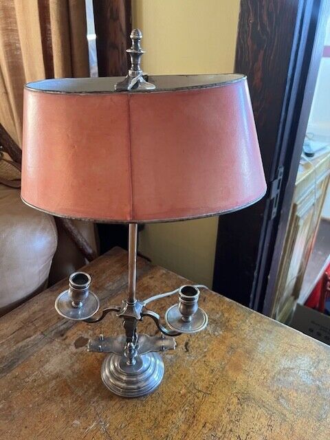 French Bouilotte  Silver Plated Bronze Table Lamp  19”  with Pink Shade