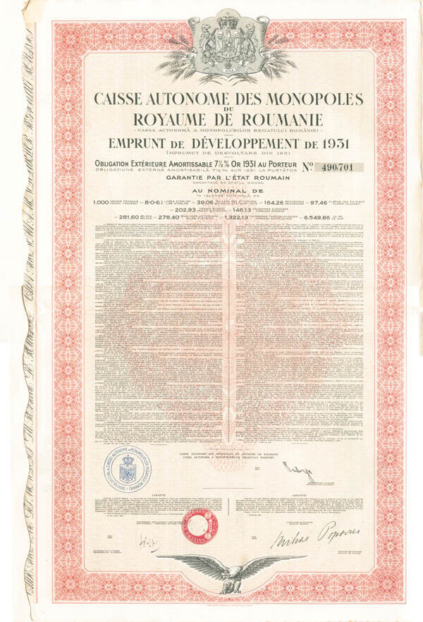 Caisse Autonome Des Monopoles Du Royaume De Roumanie - Romanian Bond - Foreign B