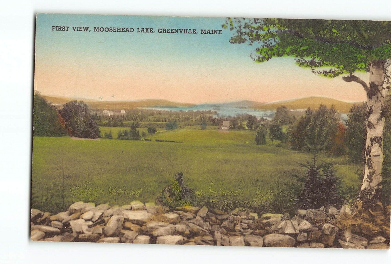 Old Postcard of FIRST VIEW MOOSEHEAD LAKE GREENVILLE MAINE Hand Colored
