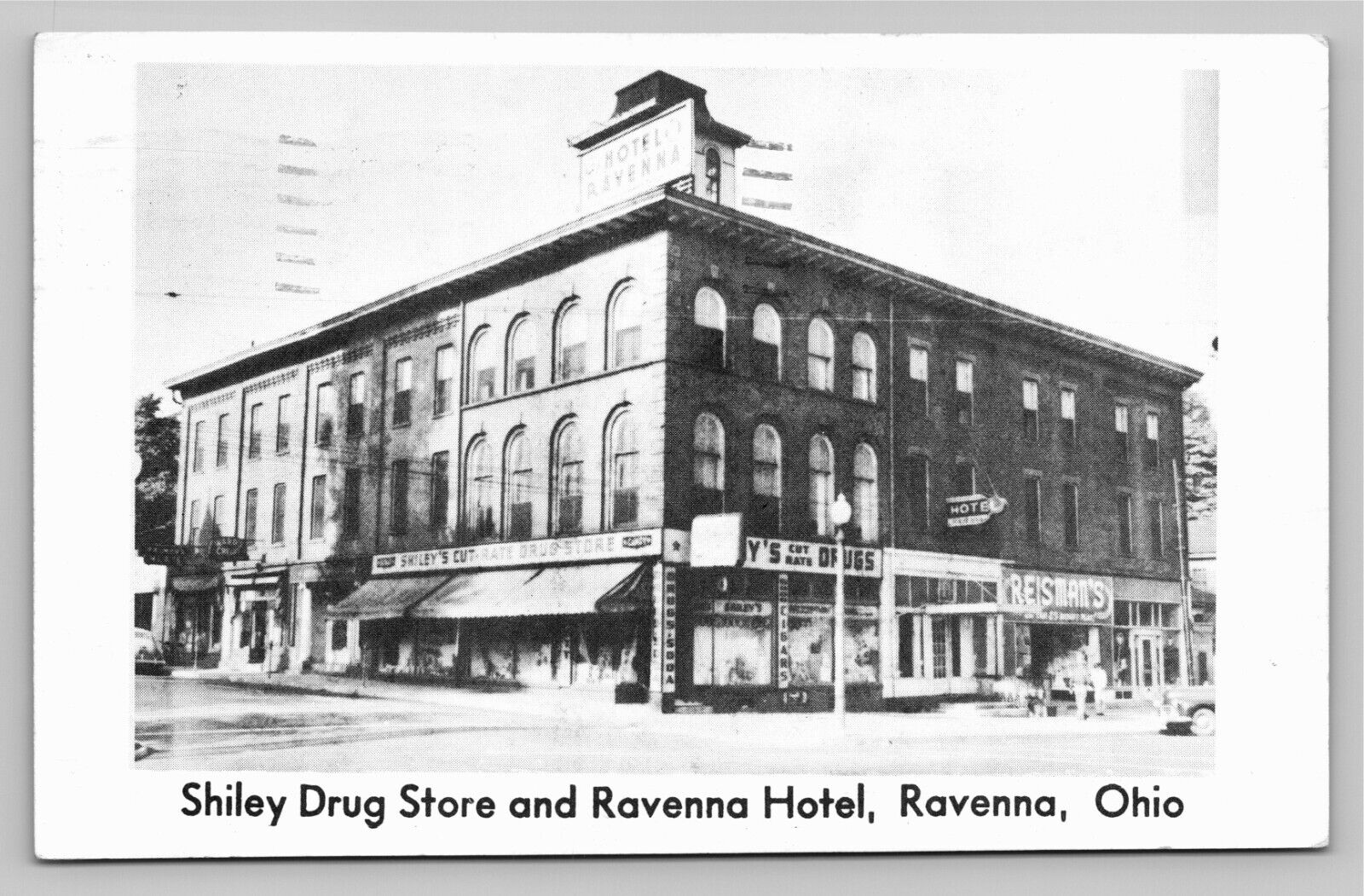 Shiley Drug Store and Ravenna Hotel Ohio Reisman's Store VTG DB c1947 Postcard