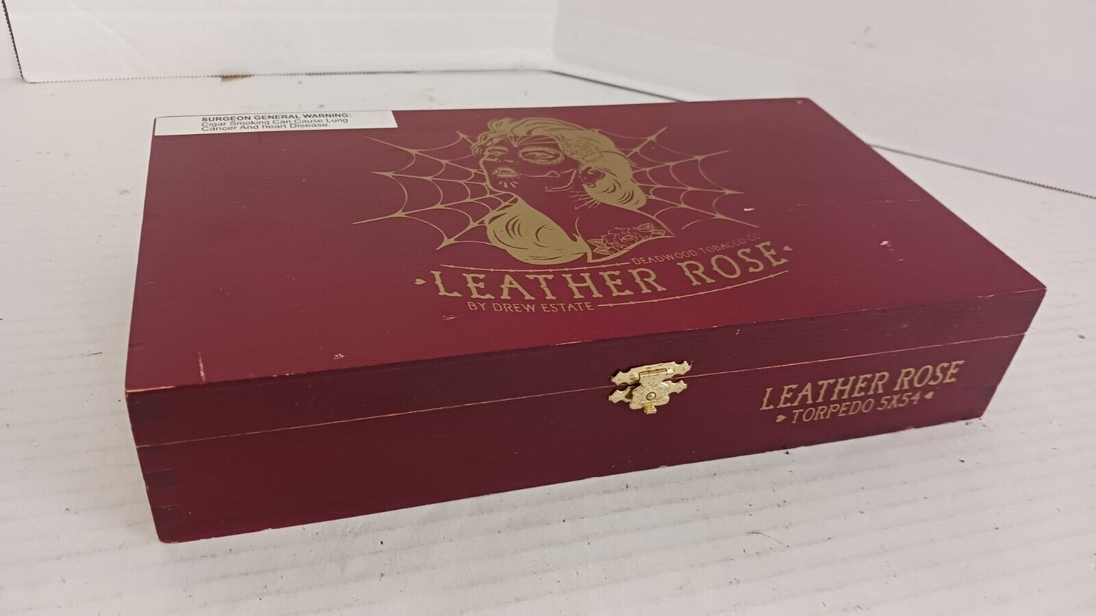 Deadwood Tobacco Leather Rose Torpedo Empty Wood Cigar Box 11.5