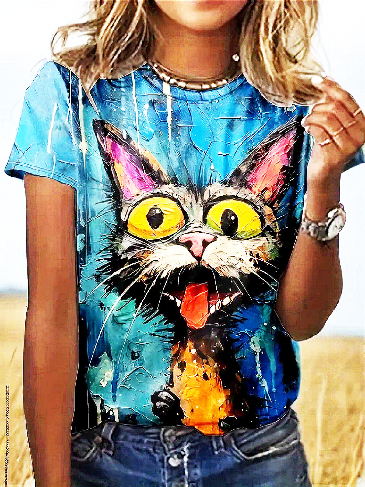Lady\'s Bright & Colorful Playful Cartoon Crazy Cat T-Shirt SZ. 12 -FREE SHIPPING