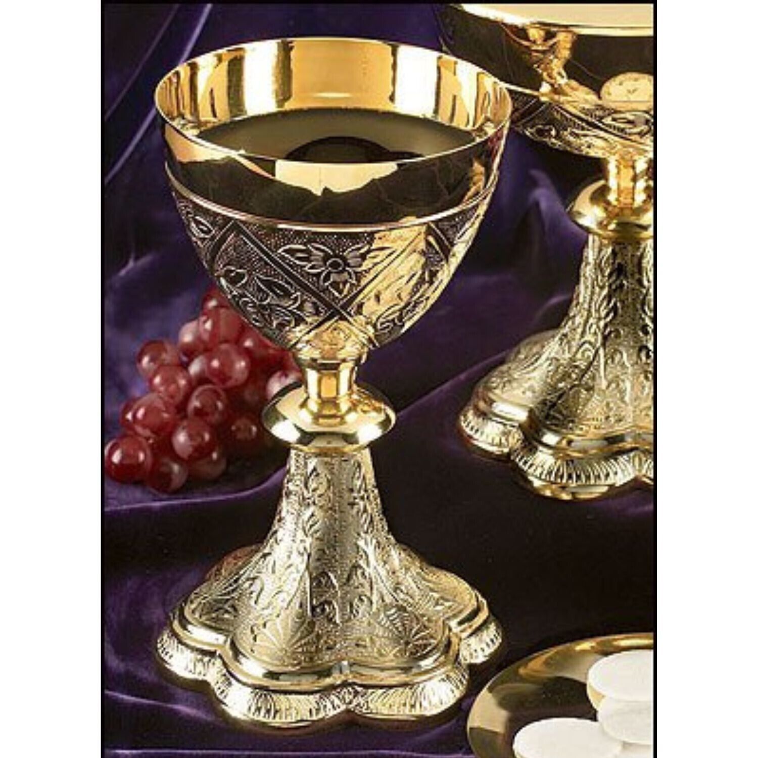 Orthodox Gold Plate Vine Embossed Chalice and Paten Set For Church 8 1/4 In