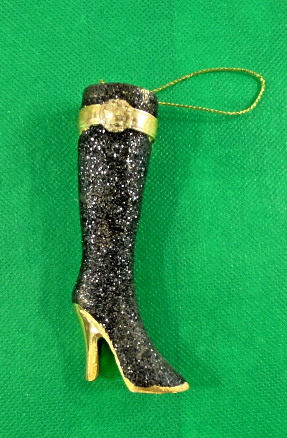 Vintage Pier One Miniature  Glitter High Heeled Boot Ornament Black w/ Gold 4\