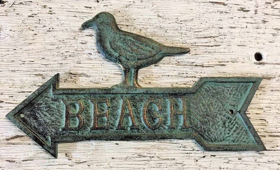 Beach Sign Plaque Arrow Shaped with sea bird seabird made of cast iron metal