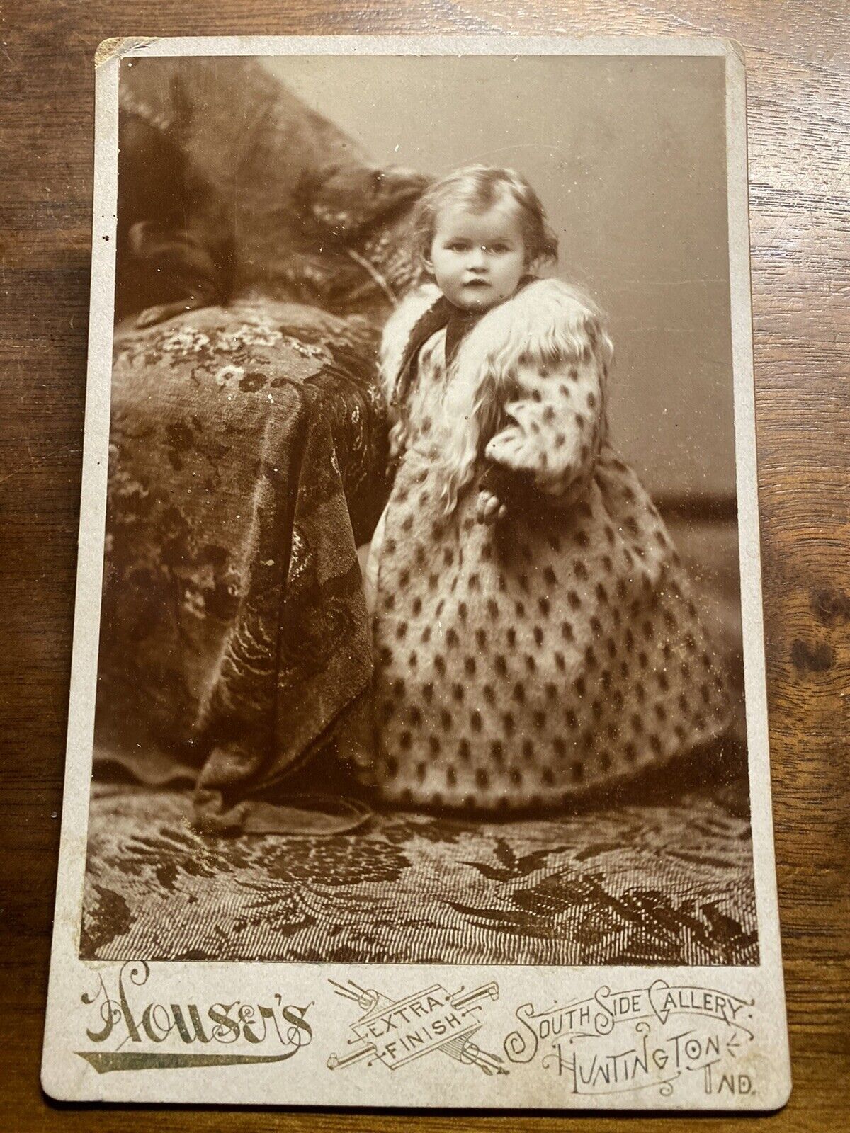 Vtg 1890’s Adorable Victorian Girl Wearing Spotted Fur Coat Photo Huntington Ind