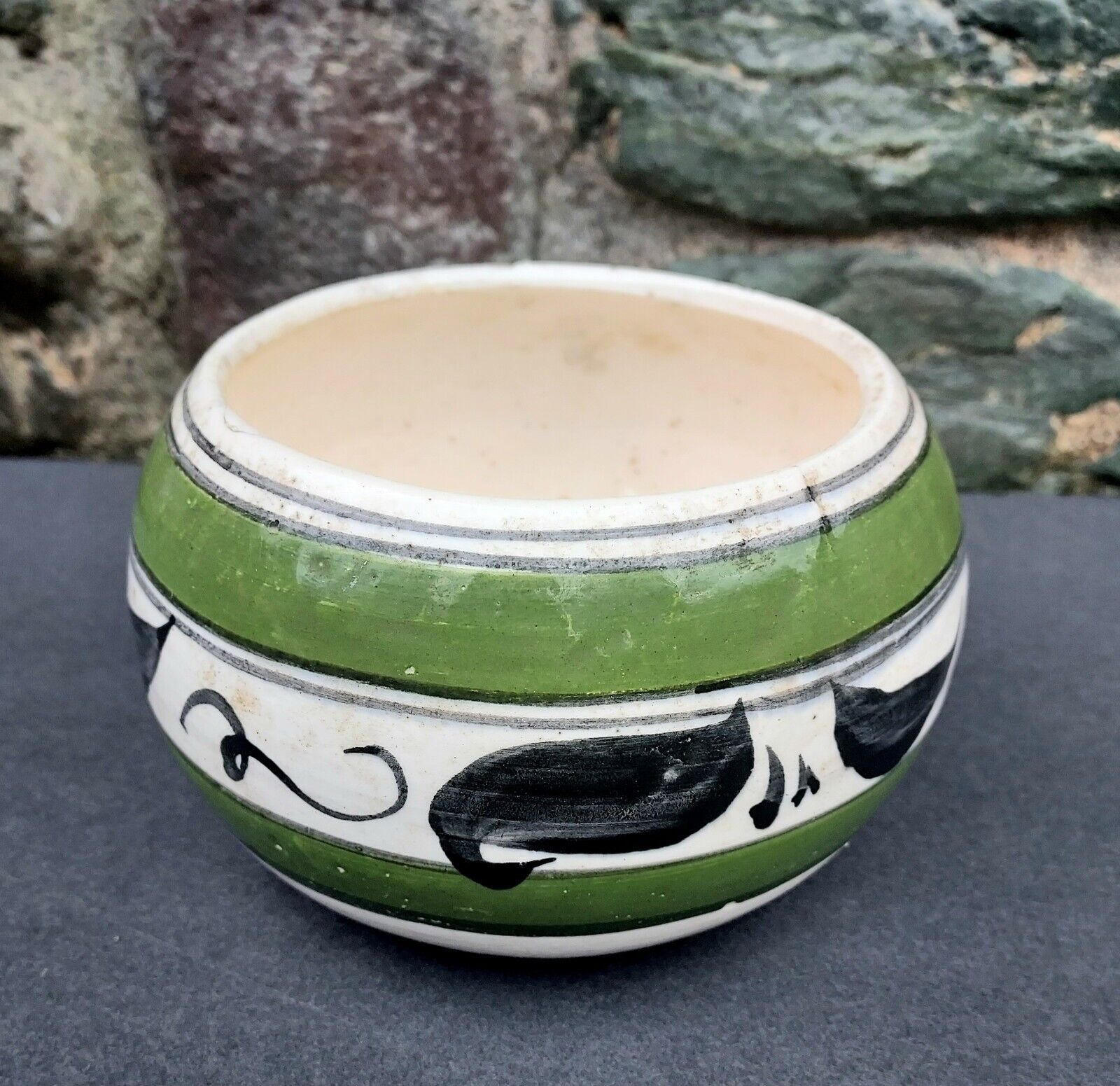 Older Vintage Mexico Clay Pottery Bowl Mexican Black Green & Cream  Bowl Decor