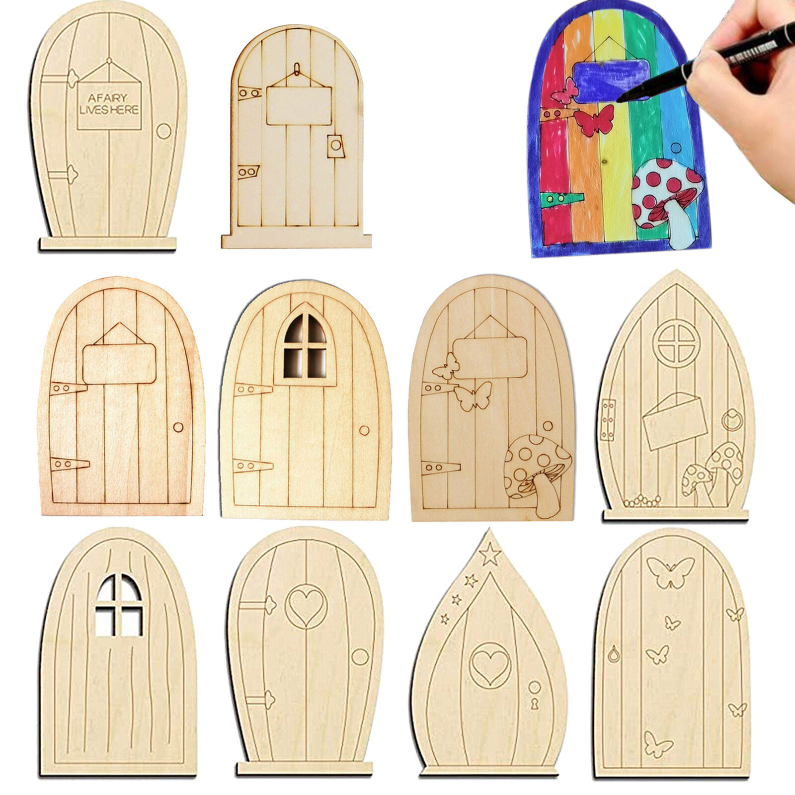 10pcs Fairy Gardens Mini Wooden Fairy Door for DIY Painting Craft Hobbies