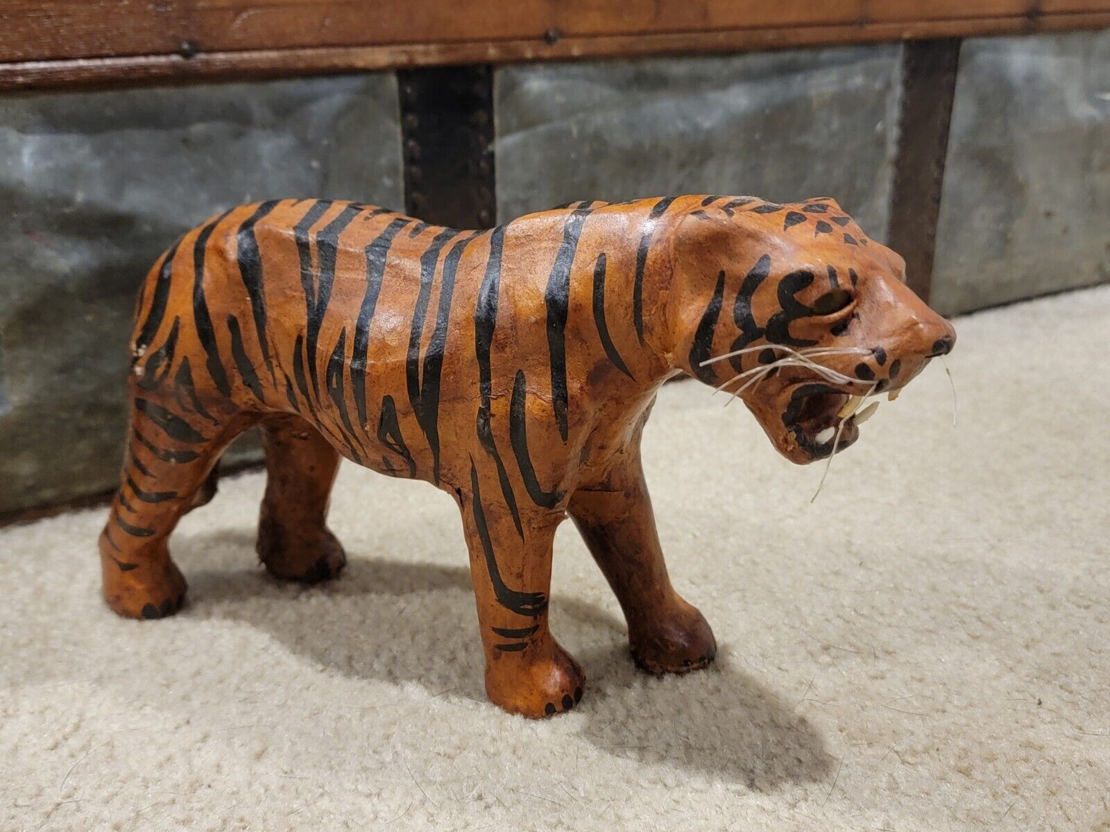 Wrapped Leather India Bengal Tiger with Yellow Glass Eyes. 12” Long