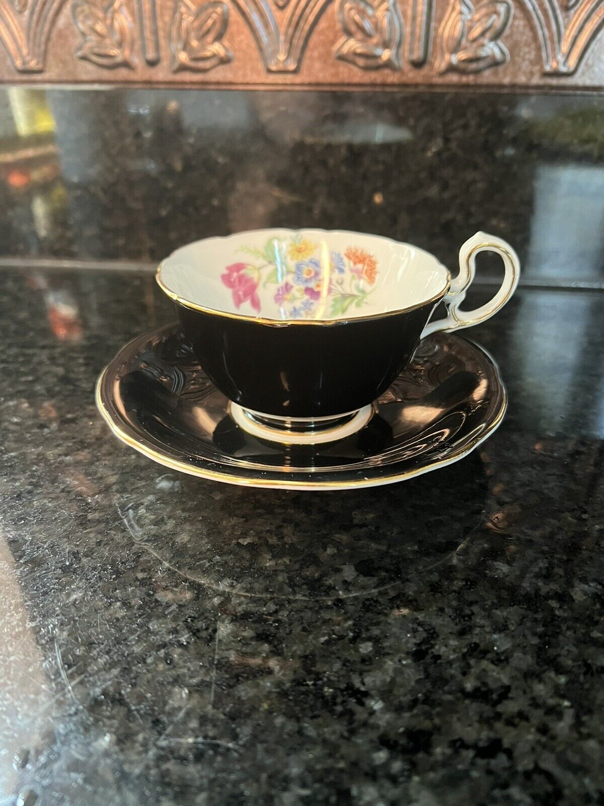 Ansley Black and Gold Tea Cup and Saucer Floral Flower SEE DESC