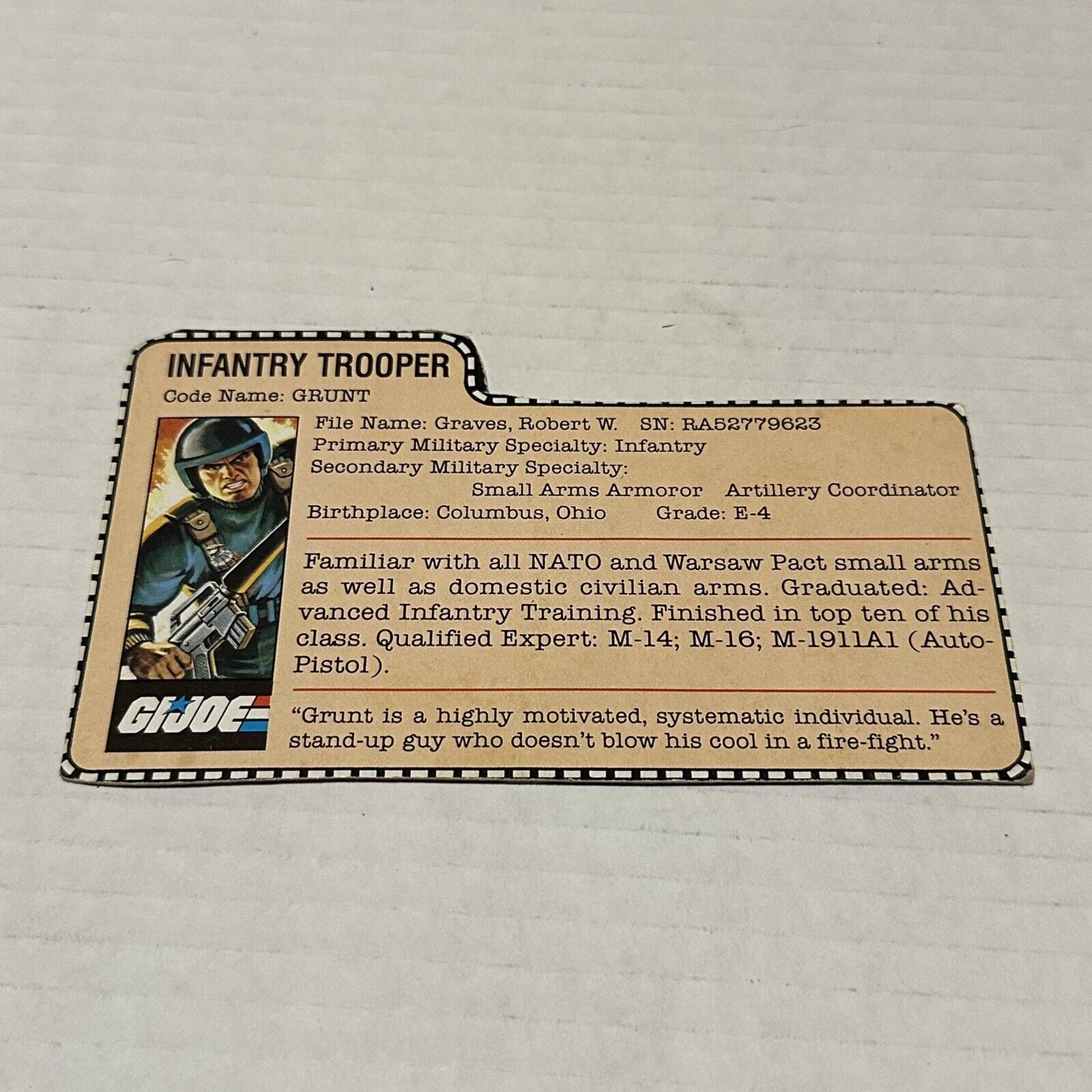 GI Joe Grunt Infantry Trooper File Card Hasbro 1982  Vintage