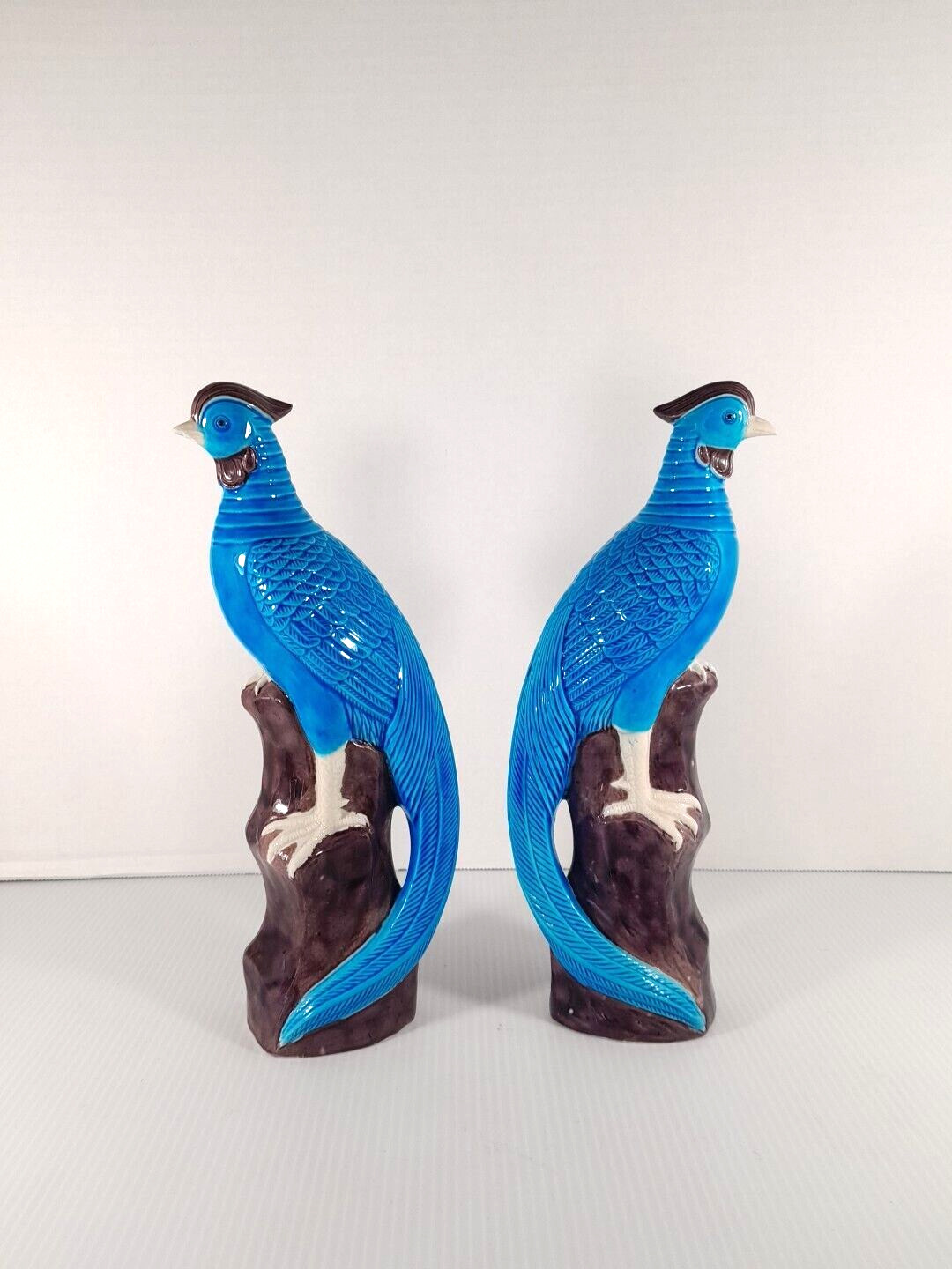 Vintage Pair Chinese Turquoise Blue Glazed Pheasant Figures 10\
