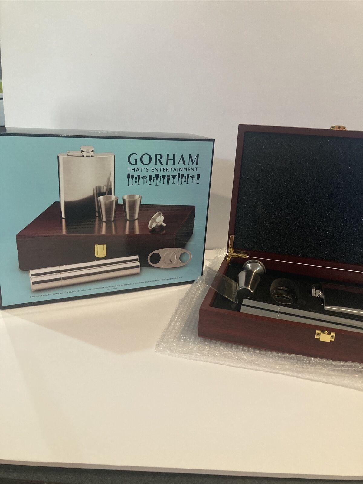 Gorham 5 Piece Gift Set In Wooden Box W/Flask