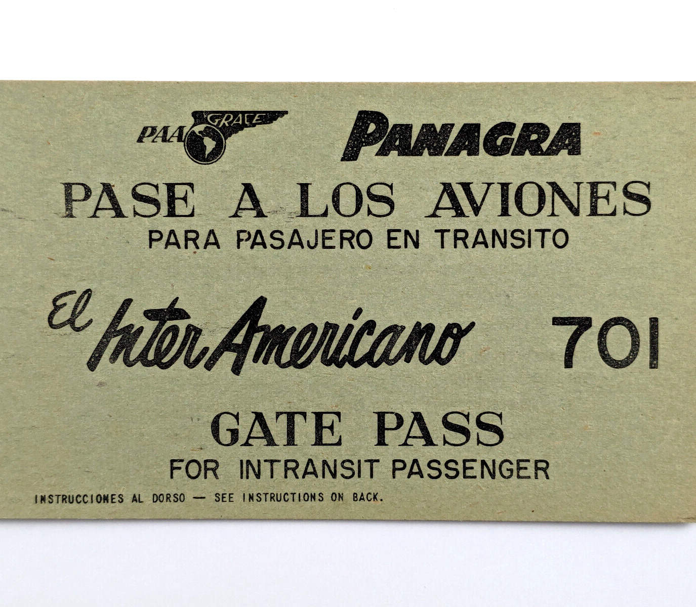 Vintage Panagra Gate Pass El Inter Americano Pan American Grace Airways