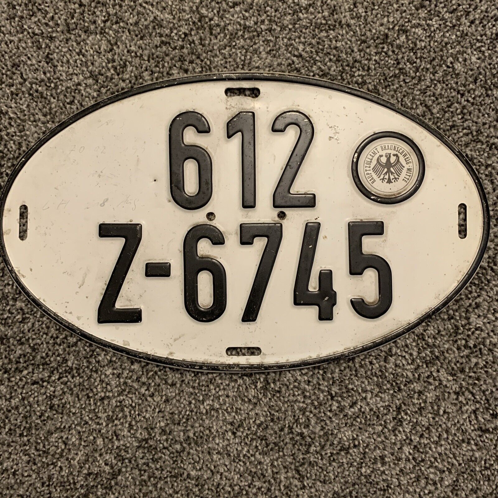 Vintage 13.5”x8” Oval West Germany License Plate 612 Z-6745
