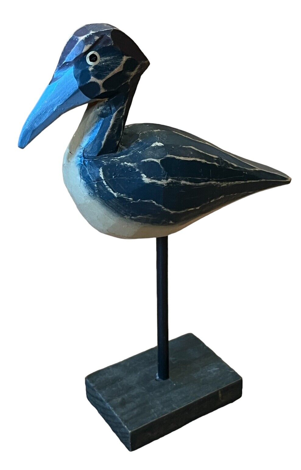 Vtg Hand Painted Carved Wood Shore Bird On Base Pelican Duck Blue  8”