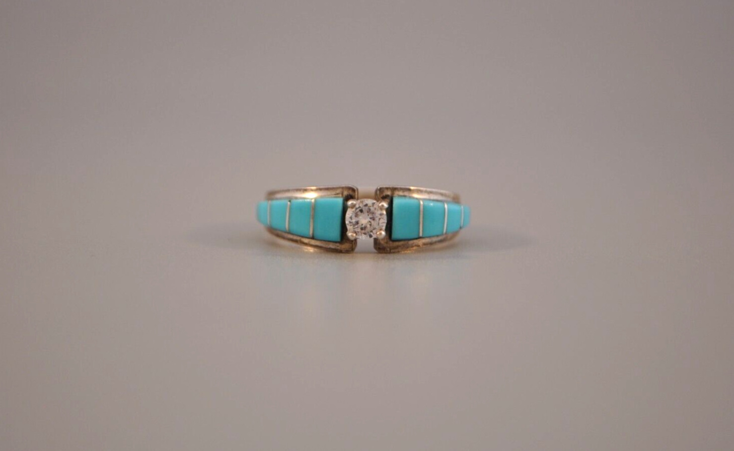 Vintage Navajo Sterling Silver Ring - Turquoise and CZ Signed MJS ..Size 6 1/2