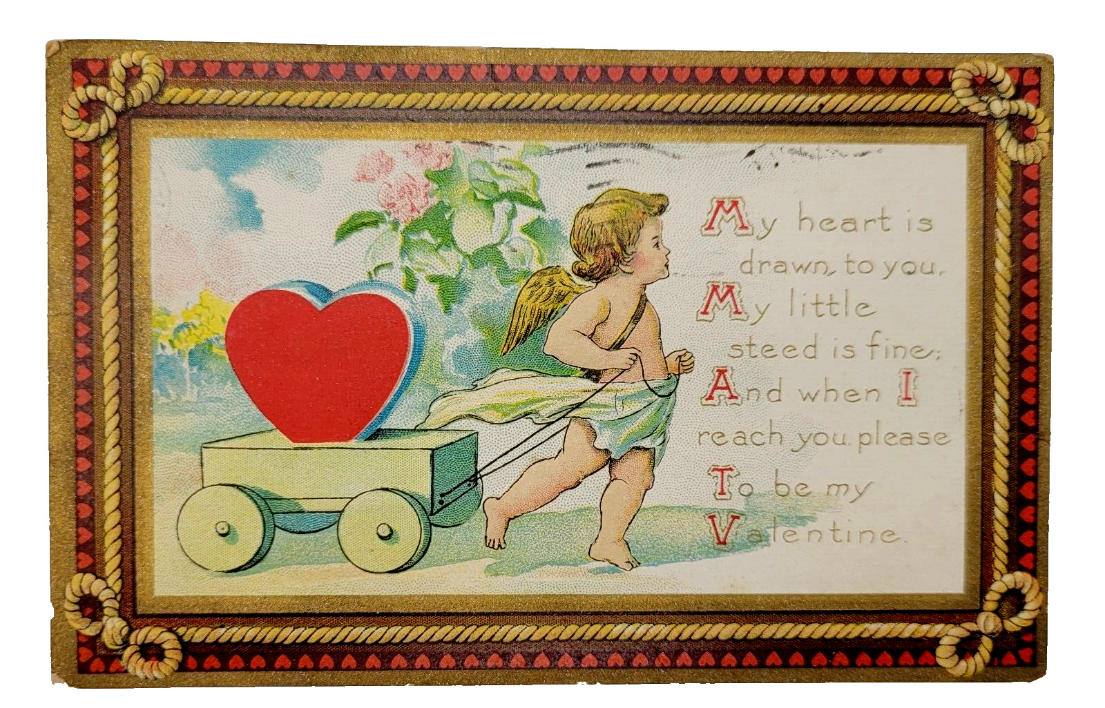 Antique Valentine Cherub Cupid Angel Pull Heart Cart 1910s Postcard Cancel Stamp