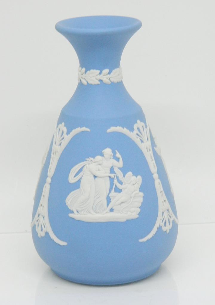 Vintage Wedgewood Jasperware Blue Petite Bud Vase with Cherubs And Lady