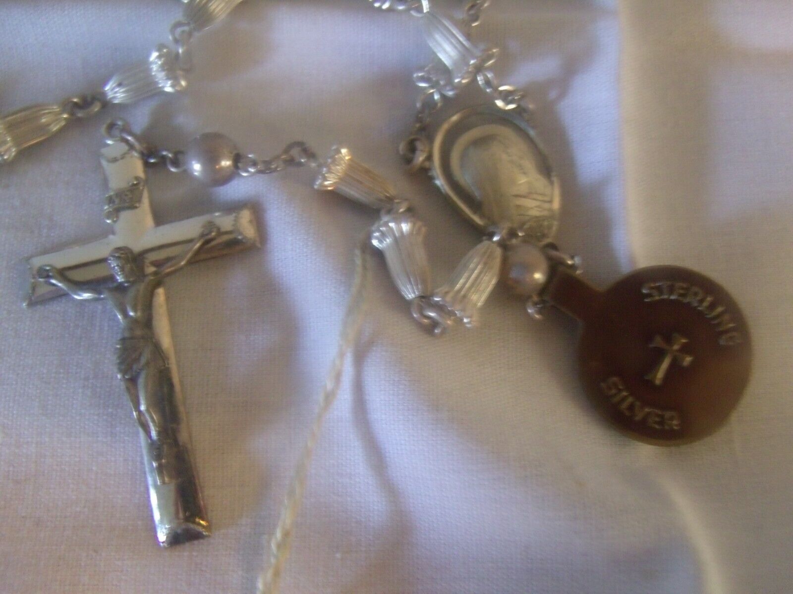 STUNNING RARE VINTAGE STERLING SILVER WEDDING BELL ROSARY BY CREED ORIGINAL TAG