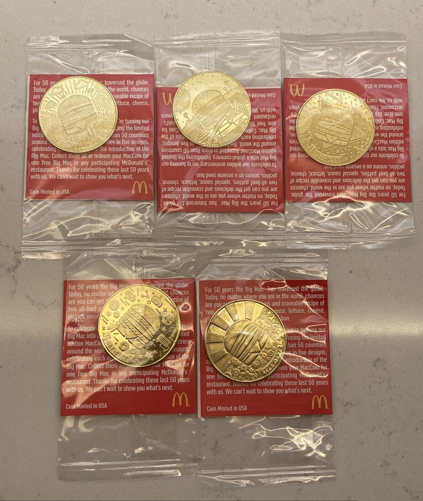 2018 McDonald’s 50 Years Of Big Mac Complete Set Of 5 Gold Colored Tokens Sealed