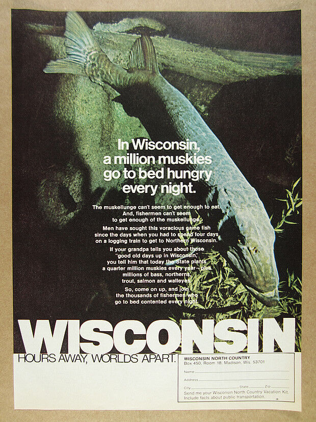 1974 muskie musky photo Wisconsin Tourism Fishing Promo vintage print Ad