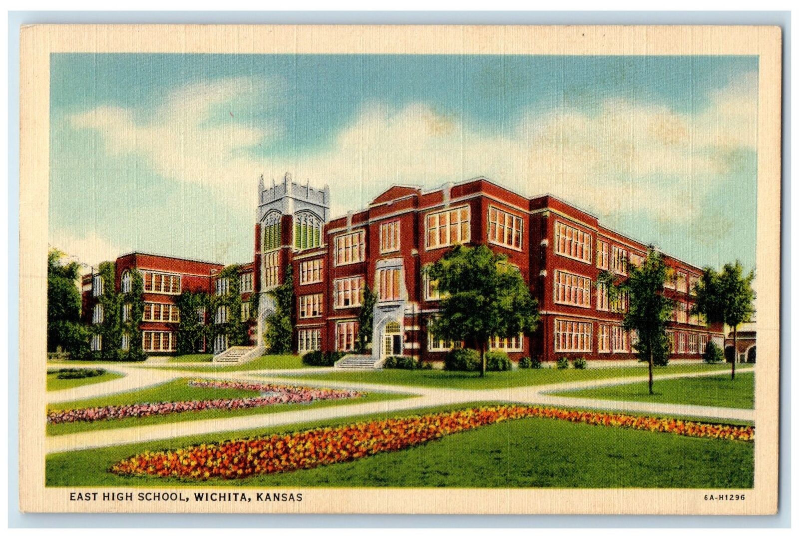 c1940's East High School Exterior Wichita Kansas KS Unposted Flowers Postcard