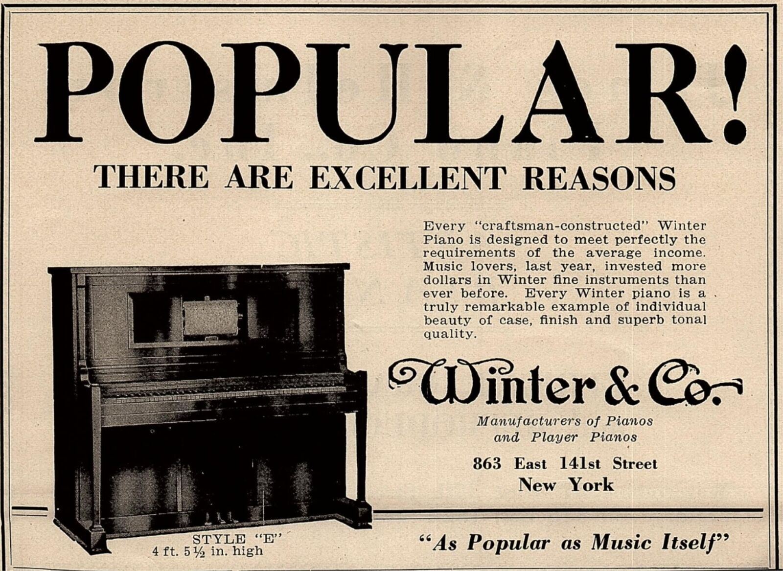 1927 WINTER & CO PIANOS PLAYER PIANOS NEW YORK VINTAGE ADVERTISMENT 37-105