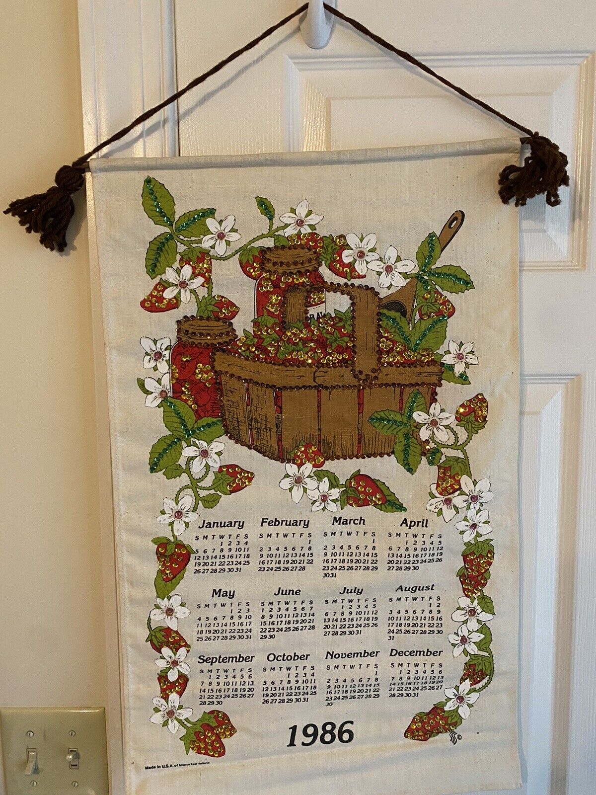 Vintage 1986 Kitchen Linen Calendar Towel Wall Hanging Strawberries