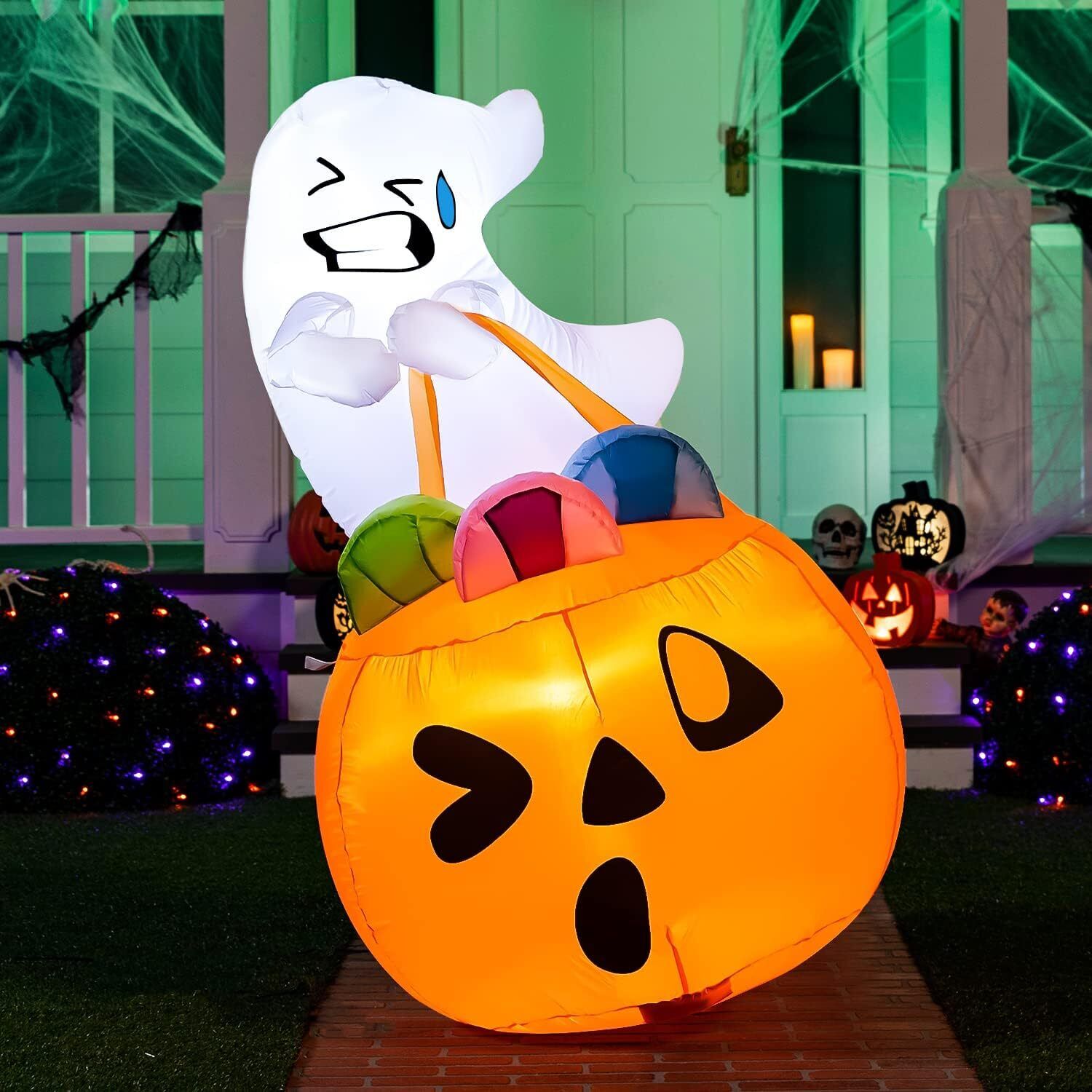 Joiedomi 5 FT Tall Halloween Inflatable Cute Ghost Inflatable Lift Pumpkin Candy