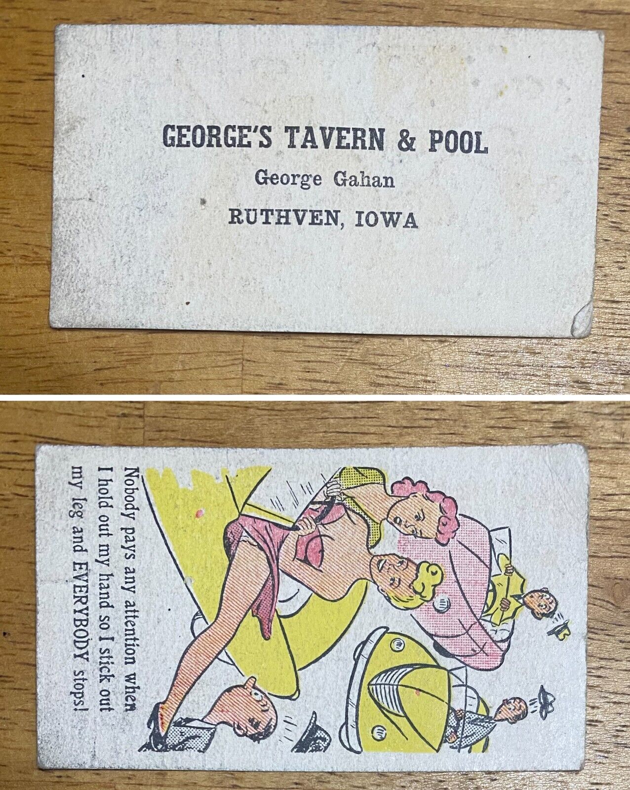 Vintage 1950s Business Card George\'s Tavern & Pool Ruthven Iowa Risque Comic