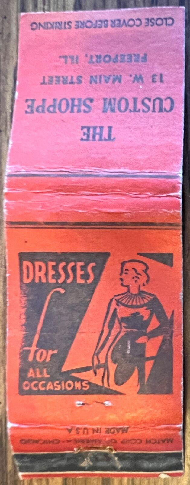 The Custom Shoppe Freeport IL Illinois Dresses Furs Vintage Matchbook Cover