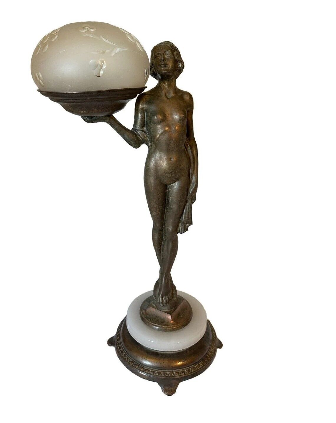 Large Antique Art Deco Patinated Metal Nude Lady Lamp after Lorenzl