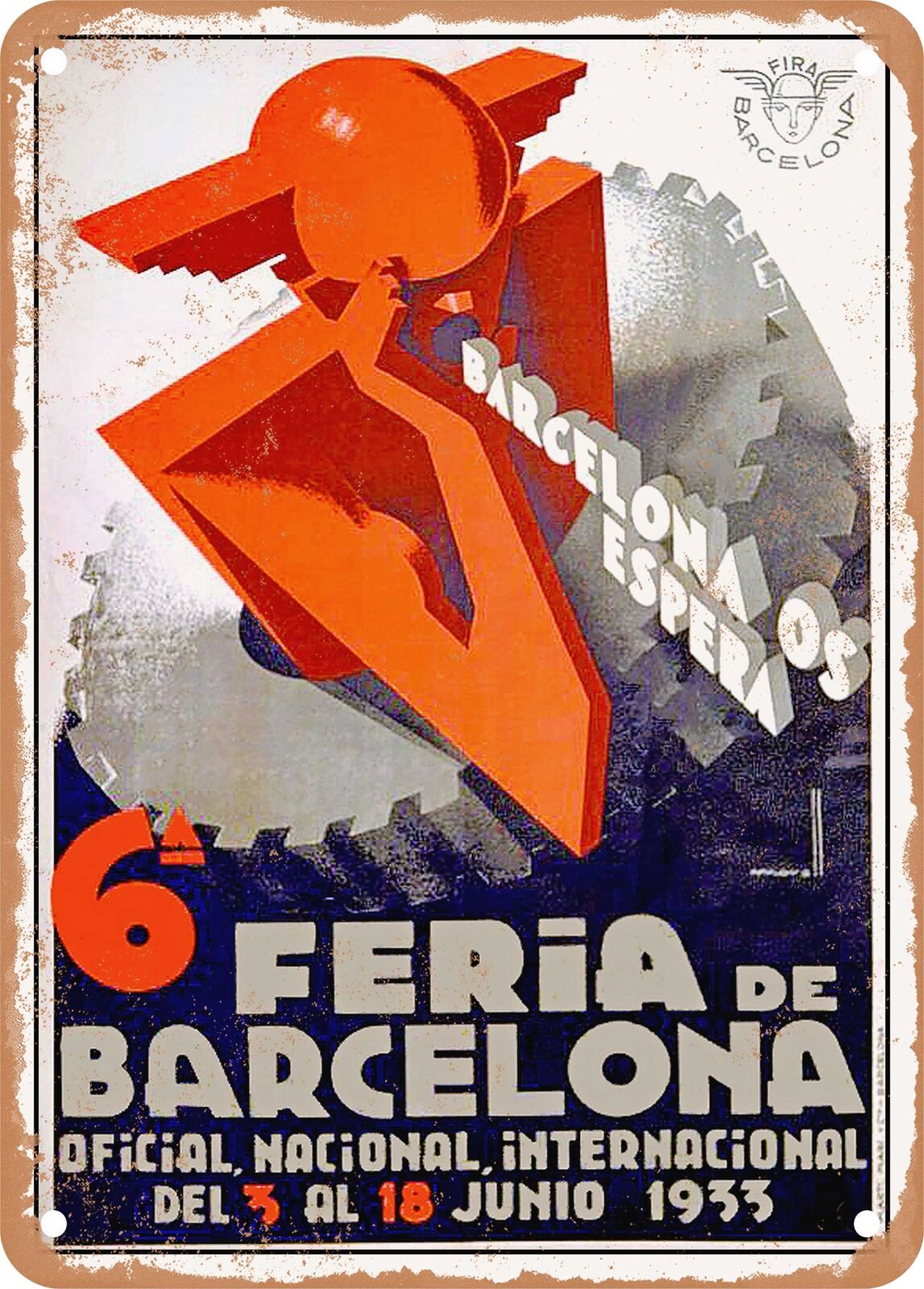 METAL SIGN - 1933 Barcelona awaits you, 6th Barcelona Fair Vintage Ad