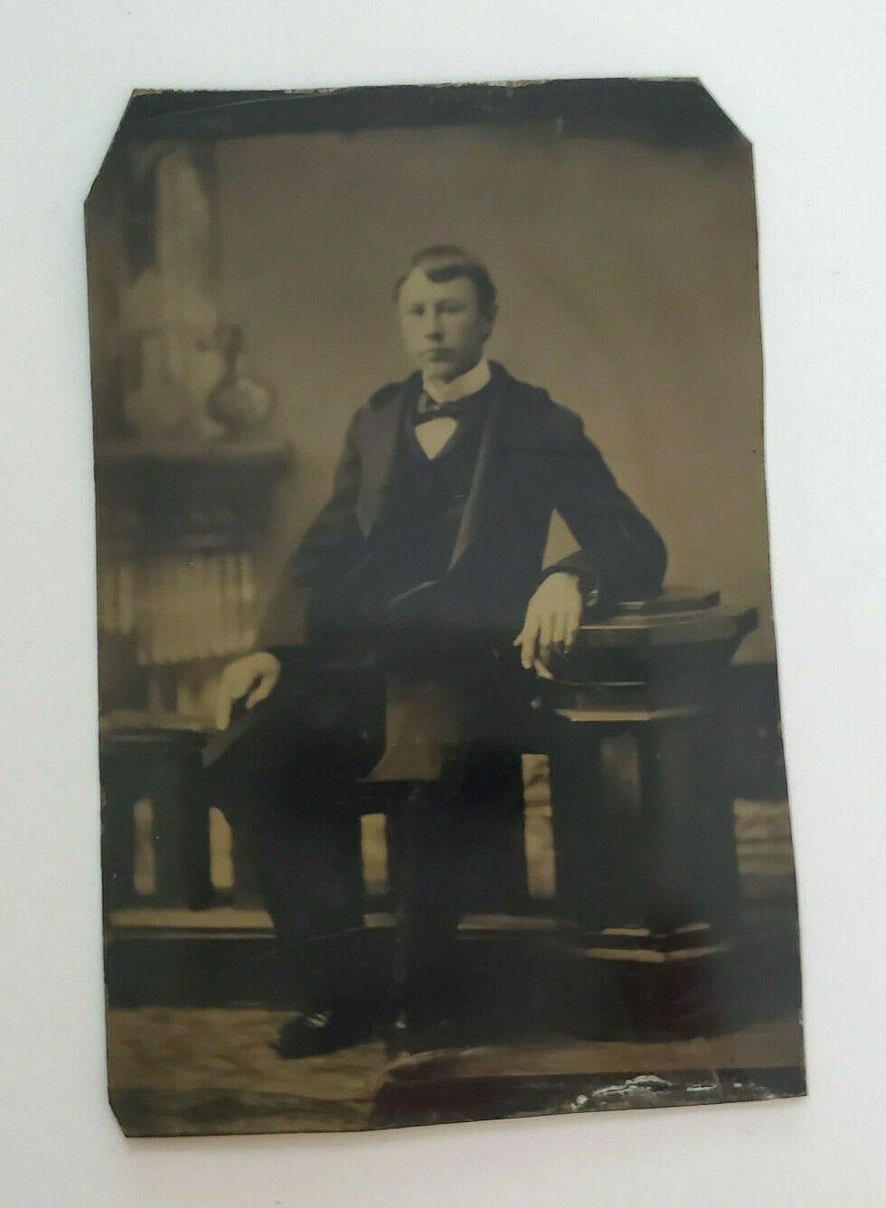 ANTIQUE Tintype Photograph Young Man Dapper Suit Bow Tie Smoking Portrait 3\