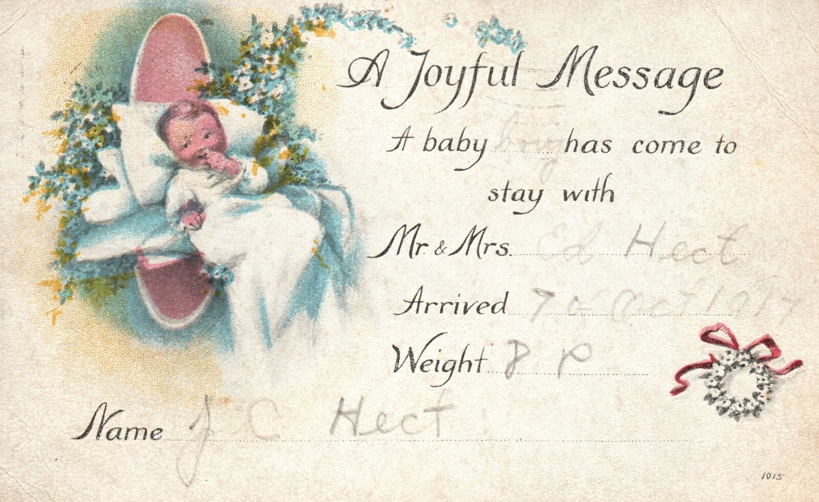 Vintage Postcard 1917 Birth Announcement Card Joyful Message Newborn Baby