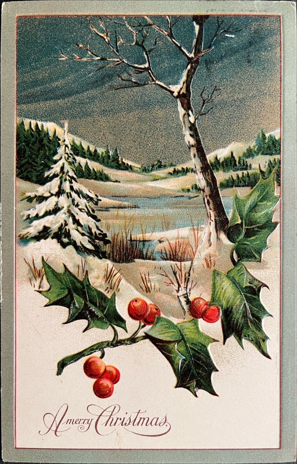 Fancy Embossed Christmas Postcard 1908, German Winter Landscape