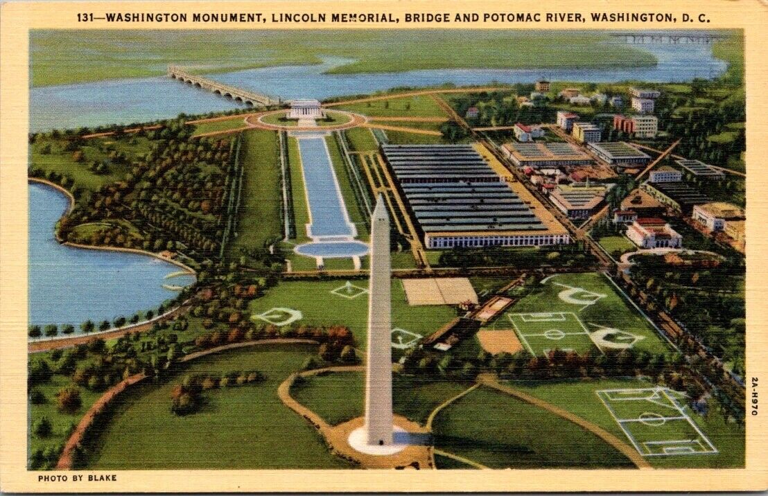 Washington DC Washington Monument Lincoln Memorial Aerial View Vintage Postcard