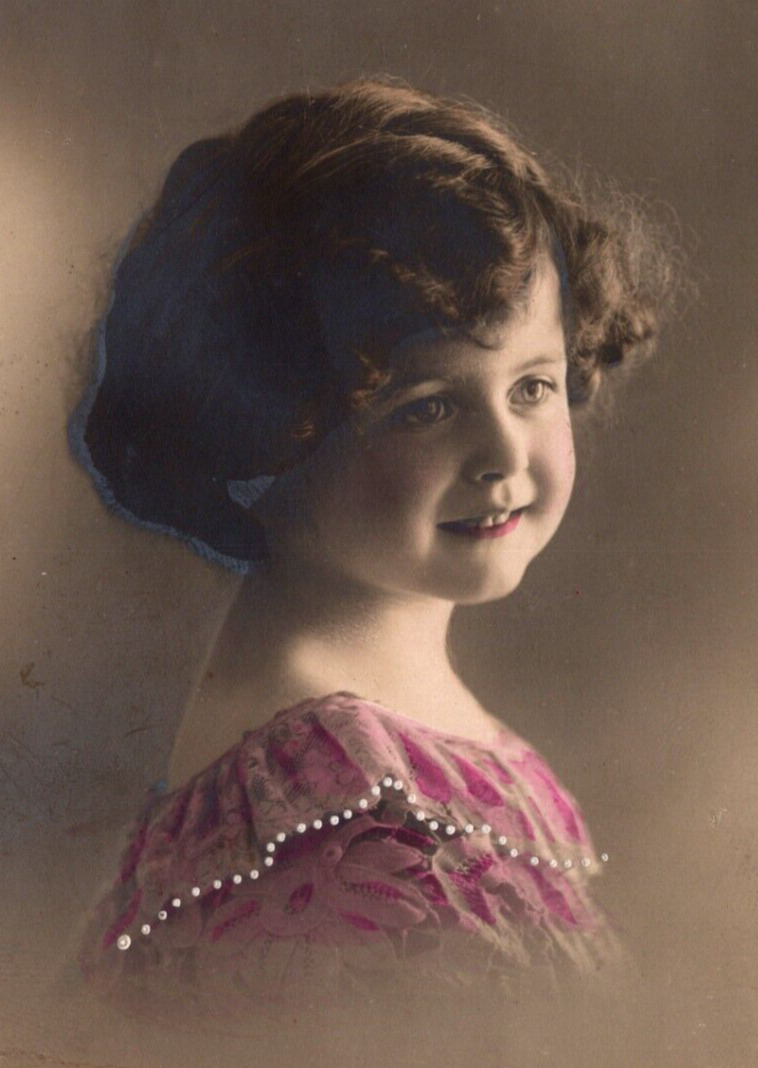 c1912 RPPC Studio Portrait Precious Child Smiles - Hand Color Tinted Postcard