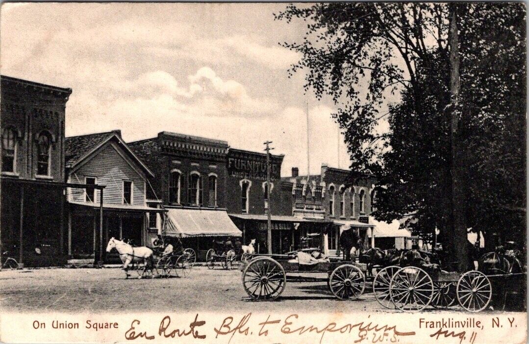 Franklinville, NY Union Square, Wagons, Stores, Postcard, #1537