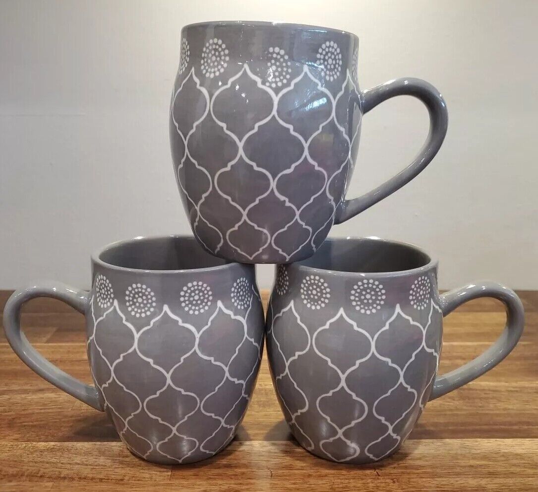 Baum Bros Stoneware Pot Belly Moroccan Gray Large 20 oz Coffee Cups Mugs Set 3