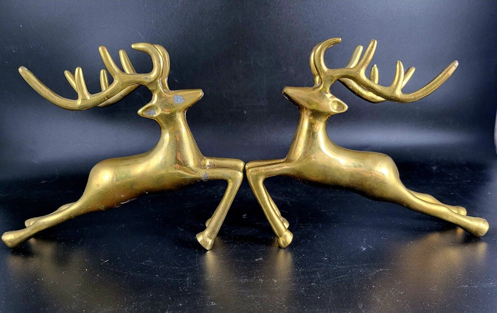Christmas Minimalist Design Heavy Brass Leaping Deers Pair/Reindeer 6x8 in. 