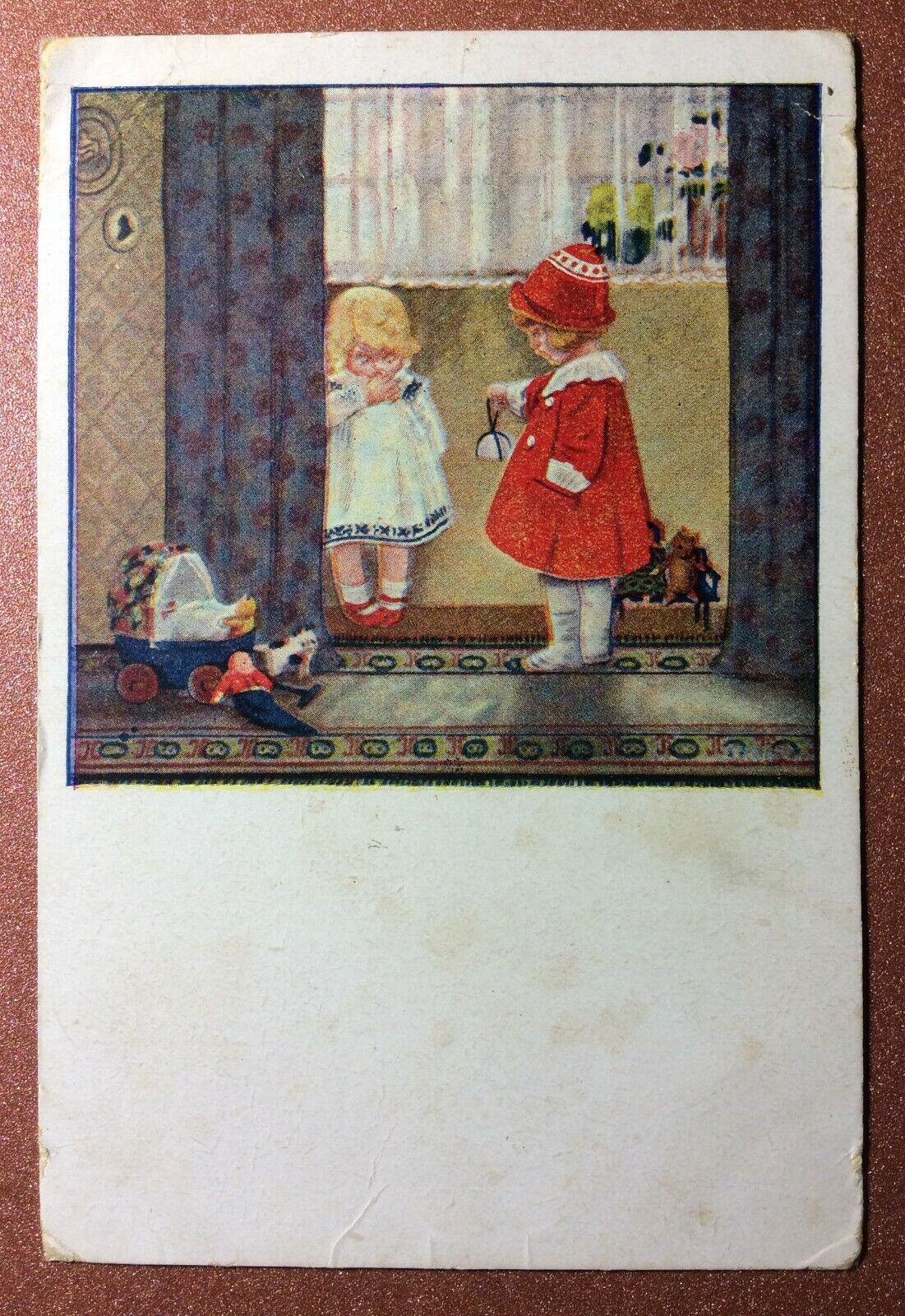 CHRISTMAS Fashion girls. Gifts. Baby carriage Doll Tsarist Russia postcard 1916s