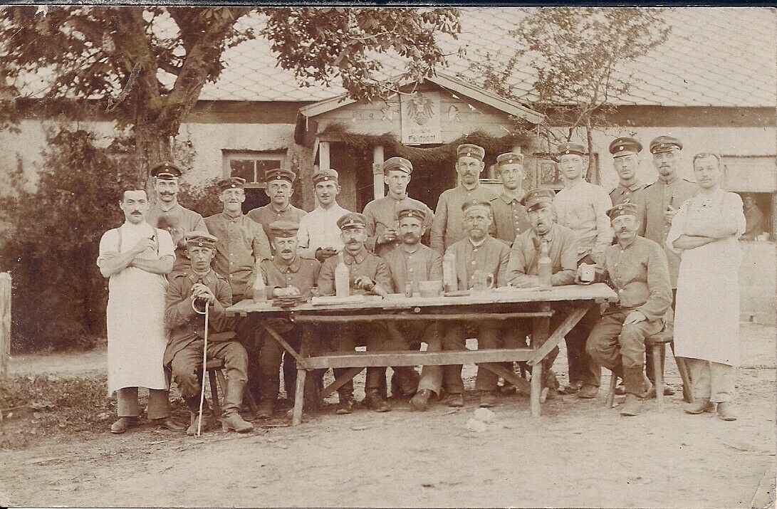 RPPC WWI German Soldiers, Table w Beer Wine Food, Feldpost Post Office 1914-18