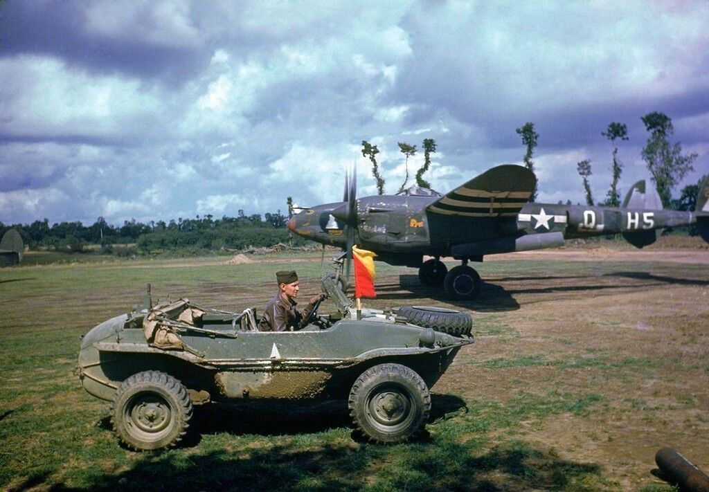 COLOR  WW2 Photo WWII P-38 France 1944 Schwimmagen World War Two WWII