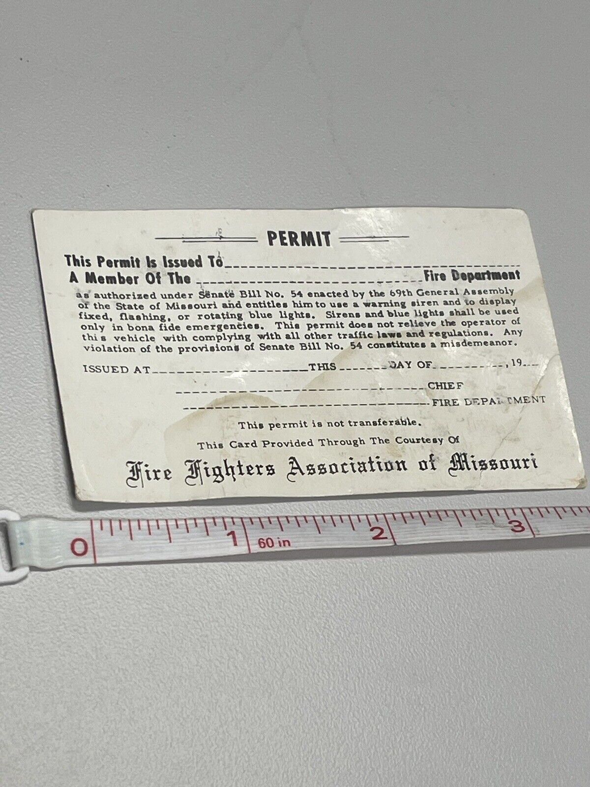 1950s Fire Fighters Assn Missouri Old Vintage Fireman Siren Lights Permit Card