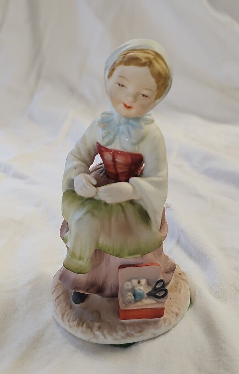Girl Mending On A Bench Hummel KW1461 Lefton China Collectible 2.75 in x 4.5 in