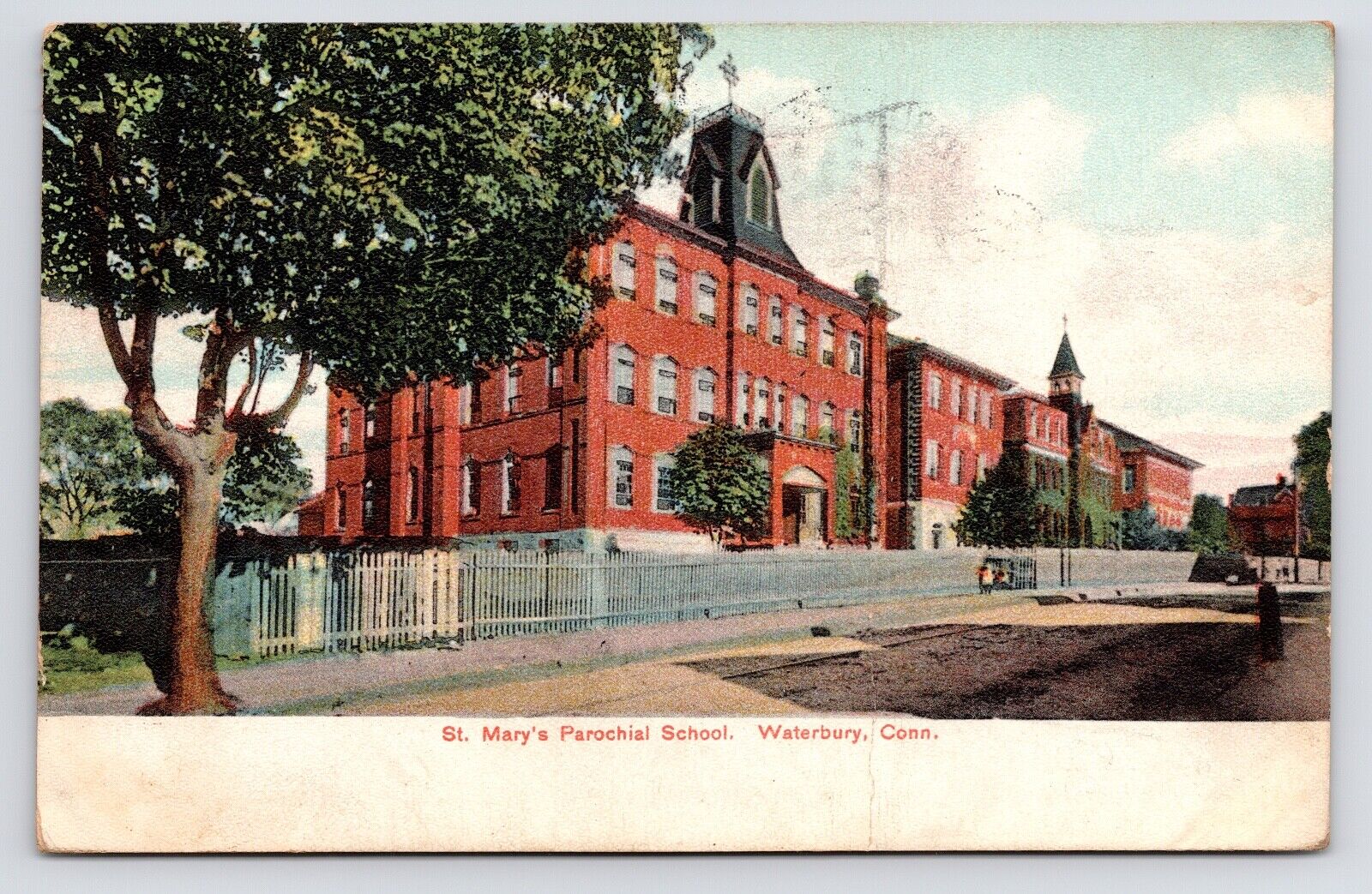 c1910~St. Mary\'s Parochial School~Street~Waterbury Connecticut CT~Vtg Postcard