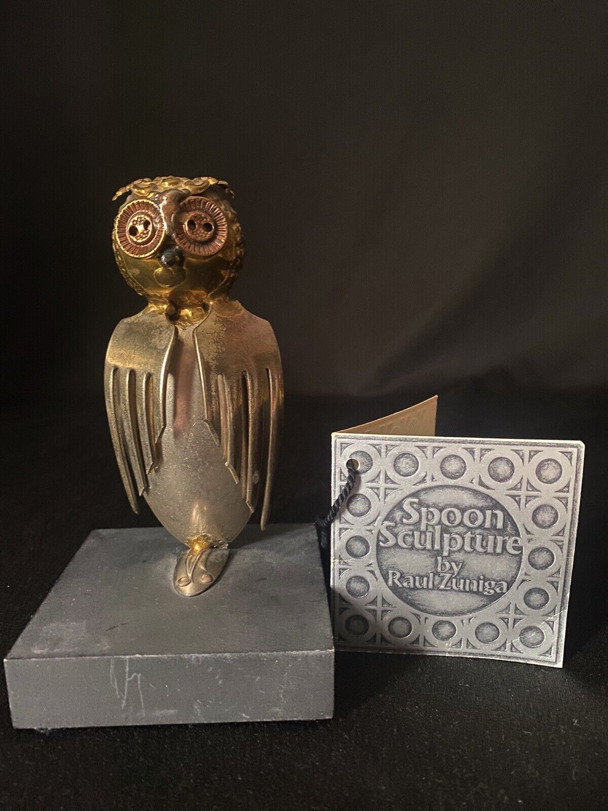 Vtg Casa del Arte Raul Zuniga Spoon Sculpture Owl Figurine w/ Tag Recyled Art